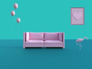 Sofa pink, Retro, Hintergrund, 3d, Herz, Flamingo, Luftballon, Vintage