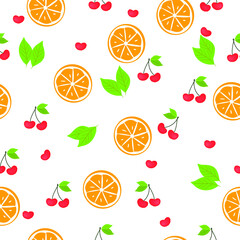Seamless background with fruits pattern, white background, orange and cherry mix drawing