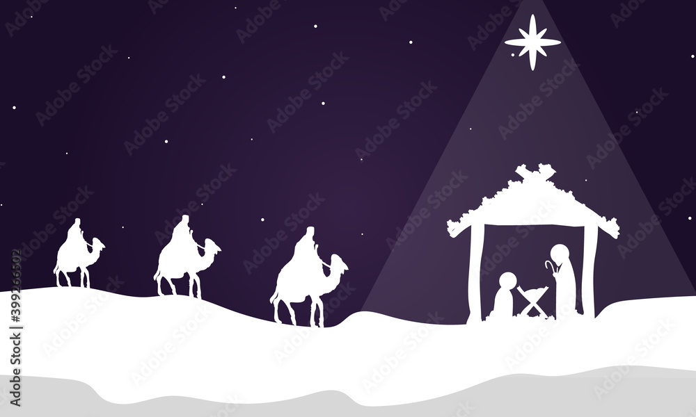 Wall mural Three wise kings bring gifts to christ, vector art illustration.