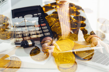businesswoman holding coins putting in glass with using smartphone and calculator to calculate concept saving money for finance accounting