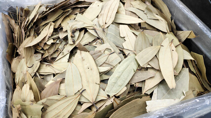 Close up of dried bay leaves on food market