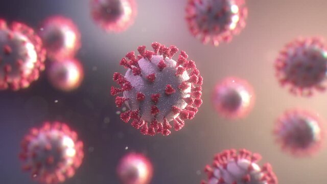 Realistic coronavirus medical background. Close-up center view of the corona virus under microscope. SARS-CoV-2 COVID-19 pandemic outbreak concept. Realistic high quality medical 3d animation. 