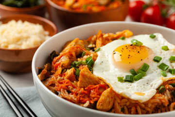 Kimchi cabbage with rice and chicken. Served in a white bowl on a light marble background.