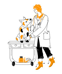 Veterinarian doctor examining the dog, cartoon doodle style vector illustration isolated on white background. Pets care and veterinary assistance to animals.