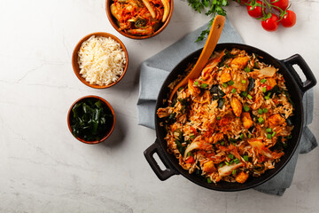 Kimchi cabbage with chicken. Prepared in a wok.