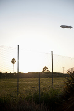 Blimp flying over park with palm trees and wire fence in foreground.
