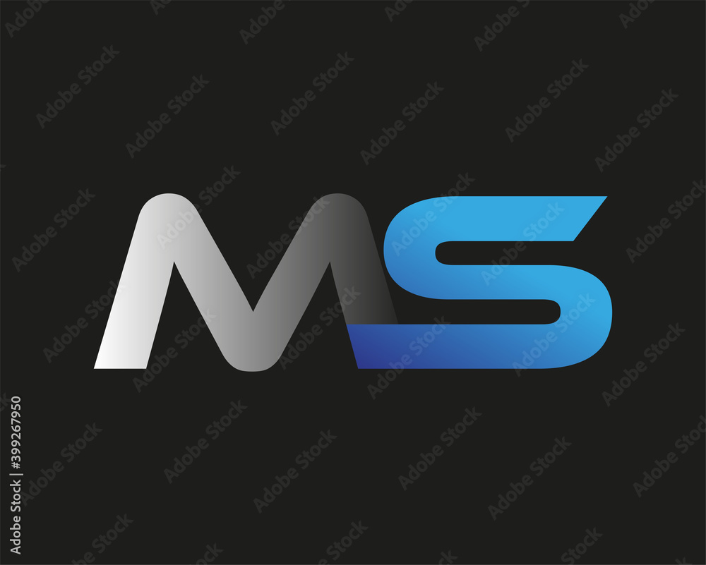 Poster initial letter MS logotype company name colored blue and silver swoosh design. isolated on black background.