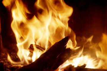 burning firewood in the fireplace behind glass close-up