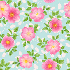 Seamless floral pattern with pink wild roses.