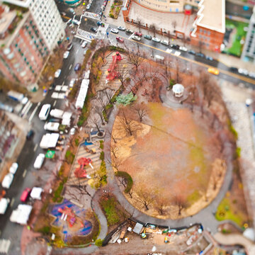 Aerial view of park with streets around.