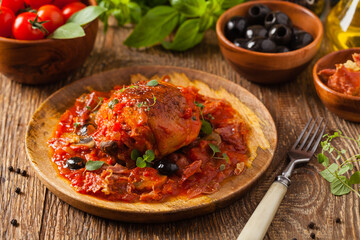 Traditionally made chicken in tomato sauce cacciatore.