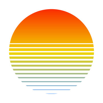 Retro sunset over the sea with gradient silhouette of sun and water. Vintage style summer logo icon style 80s 90s