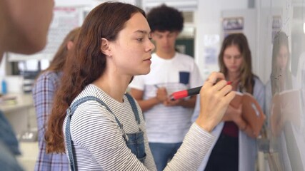 Happy college student writing equation on white board in class. Satisfied young girl solving math problem on whiteboard with classmates in background watching her. Proud high school student smiling. - Powered by Adobe