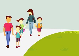 Vector of families taking their kids to school on foot