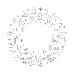 Seasons Greetings Card with Black Christmas Winter Signs on White Background. Vector Illustration.