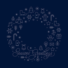 Seasons Greetings Card with Christmas Winter Signs on Night Blue Background. Vector Illustration.