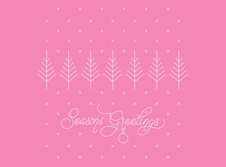 Seasons Greetings Card. Pink Background with Snowflakes and Christmas Trees. Minimalistic Vector.