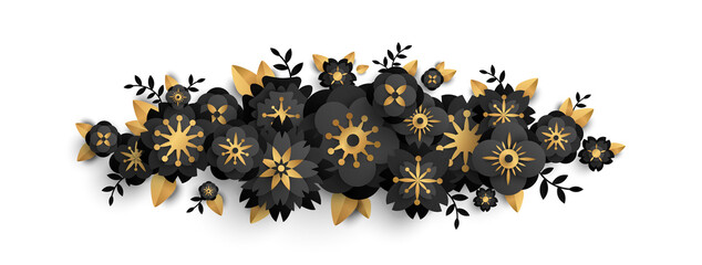 Black border with paper cut flowers and golden leaves isolated on white background. Vector illustration. Design for black friday sale posters, brochures or vouchers, funeral wreath