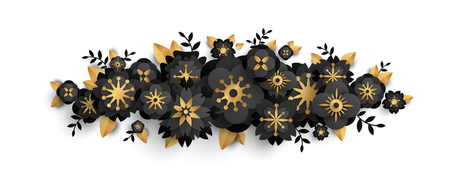 Black Border With Paper Cut Flowers And Golden Leaves Isolated On White Background. Vector Illustration. Design For Black Friday Sale Posters, Brochures Or Vouchers, Funeral Wreath