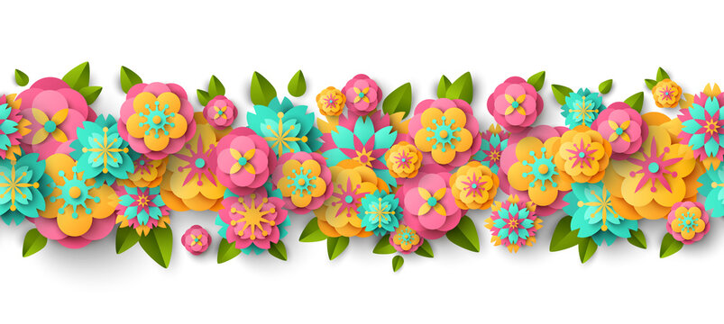 Spring seamless border with paper cut flowers and leaves isolated on white background. Bright colorful geometric forms. Vector illustration. Fresh design for posters, brochures or vouchers.