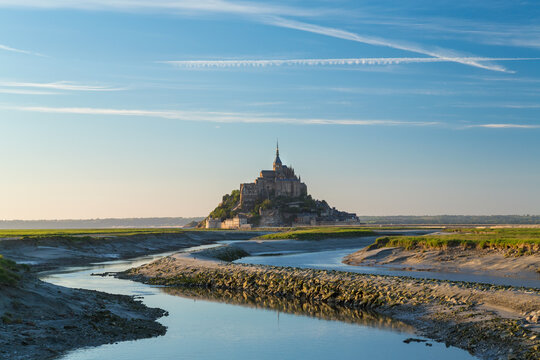 The historic citadel and abbey church of Le Mont Saint Michel in Normandy. 