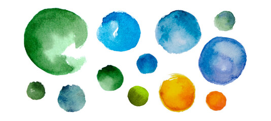 Set of watercolor blots on white background. Colored vector decorative elements for the design of packages, backgrounds, banners, labels. Blue, green, orange textured spots. Imitation of hand drawing.