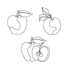 Vector illustration. Continuous one line drawing set apples and sliced piece apple. Perfect for greeting cards, party invitations, posters, stickers, clothing.