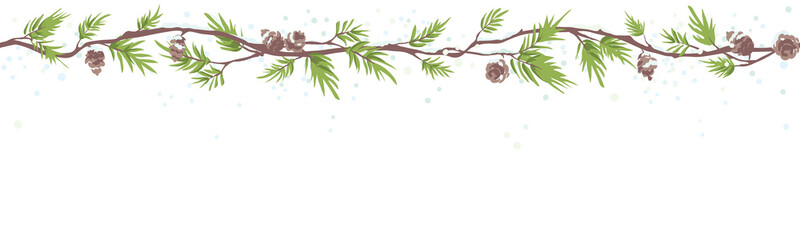 Christmas seamless border. Vector illustration with fir branches, snow covered trees.