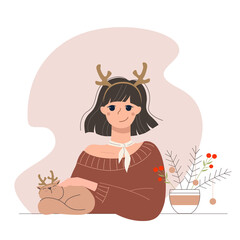 Cute cartoon girl in a sweater with her cat. Funny young woman with a stylish haircut and deer horns. Cozy Christmas card. Vector illustration.