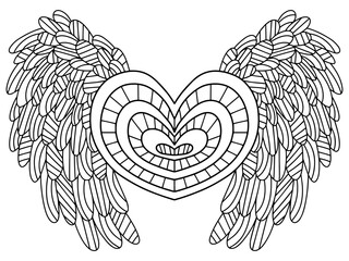 Cartoon symmetrical heart with big wings stock vector illustration. Happy Saint Valentine's day heart coloring page for kids and adults. Black outline ornamental horizontal heart shape white isolated