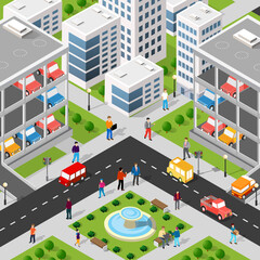 Isometric 3D illustration of the city quarter with houses