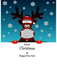 reindeer in a cap with a mask on the face, a template for a holiday card