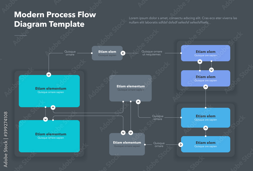 Poster Modern process flow diagram template - dark version. Flat infographic, easy to use for your website or presentation.