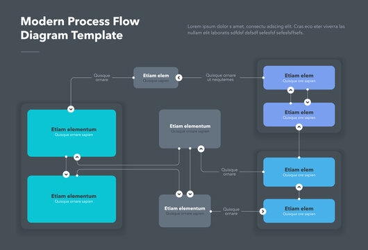 Modern process flow diagram template - dark version. Flat infographic, easy to use for your website or presentation.