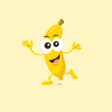 Illustration Of Cute Happy Banana Mascot Standing On One Foot With Big Smile Isolated On Light Background. Flat Design Style For Your Mascot Branding.