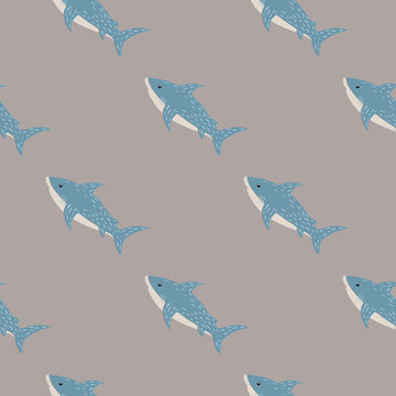 Minimalistic pal pattern with blue sharks ornament. Grey background. Tropical wild animal artwork.