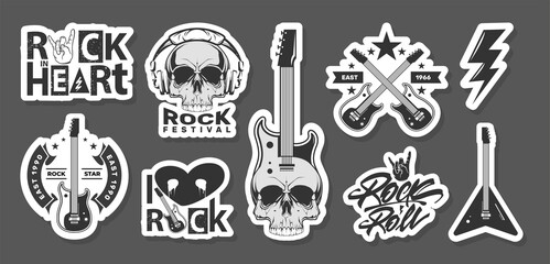 Rock and roll set stickers. Hard music patch. Skull and guitar. Vector illustration design 