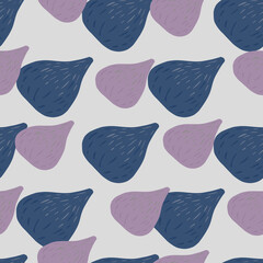 Seasonal seamless pattern with blue and purple pastel fig shapes. Grey background.