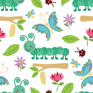 Seamless pattern vector of bugs cartoon, caterpillar to butterfly with flower