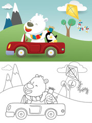 Cartoon of polar bear driving car with little penguin while playing kite on nature background
