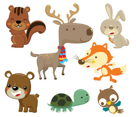 Obraz na płótnie Canvas Animals set cartoon. Deer, squirrel, bunny, fox, bear, turtle and owl.