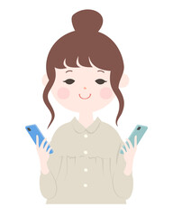 スマートフォンを両手に二台持つ若い女性　上半身