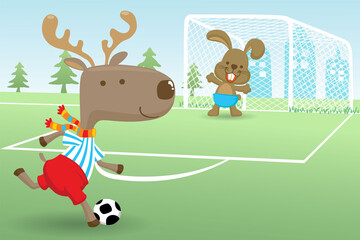 Cartoon of elk with rabbit playing soccer in soccer field