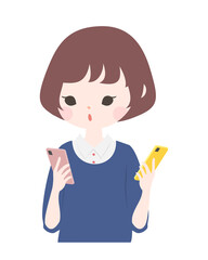 スマートフォンを両手に二台持つ若い女性　上半身