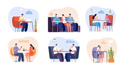 People in cafe. Person drink espresso, flat modern friend group in cafeteria. Isolated man woman meeting dating in restaurant vector concept. Cafe espresso, coffee table cafeteria illustration - Powered by Adobe