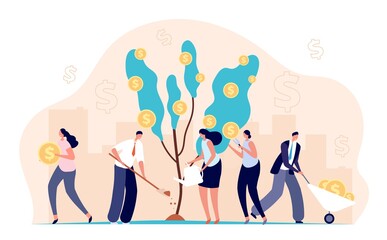 People growth money. Investment bankers, financial income profit metaphor. Cartoon coins on tree, successful business utter vector concept. Money finance, businessman profit investment illustration