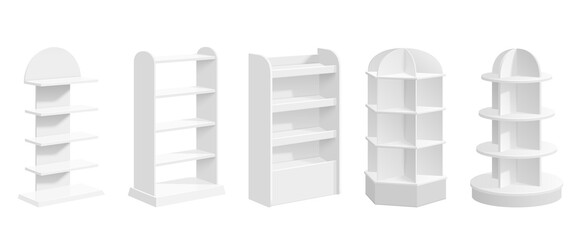 Product exhibit stand. Store display, modern blank supermarket shelf realistic mockup. White 3d promotional commercial rack recent vector set. Illustration showcase interior, advertising supermarket