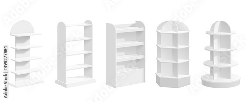 Download Product Exhibit Stand Store Display Modern Blank Supermarket Shelf Realistic Mockup White 3d Promotional Commercial Rack Recent Vector Set Illustration Showcase Interior Advertising Supermarket Wall Mural Microone