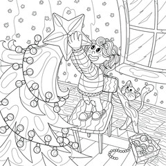 Monochrome, new year's drawing for the book-anti stress. Christmas illustration in cartoon style - a boy dresses up a Christmas tree with a cat. Anti-stress coloring book with thin contours