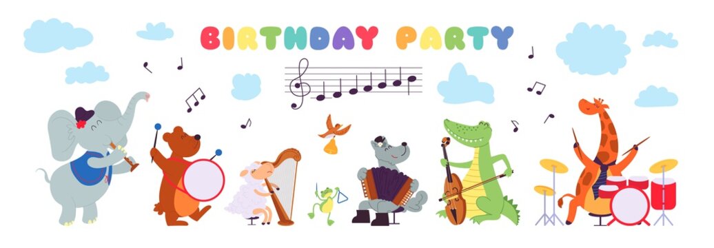 Birthday musical animals. Musician playing instrument, celebration cute characters baby shower banner. Decent party card vector. Illustration musical birthday card, character with instruments